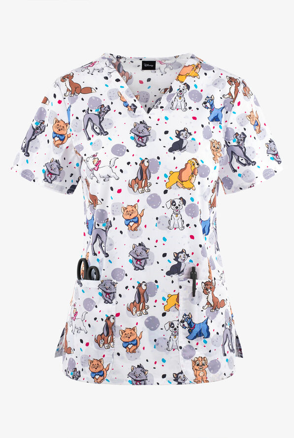 Tooniforms Cats and Dogs Aristocats Women's 2-Pocket STRETCH V-Neck Print Scrub Top - null - 1