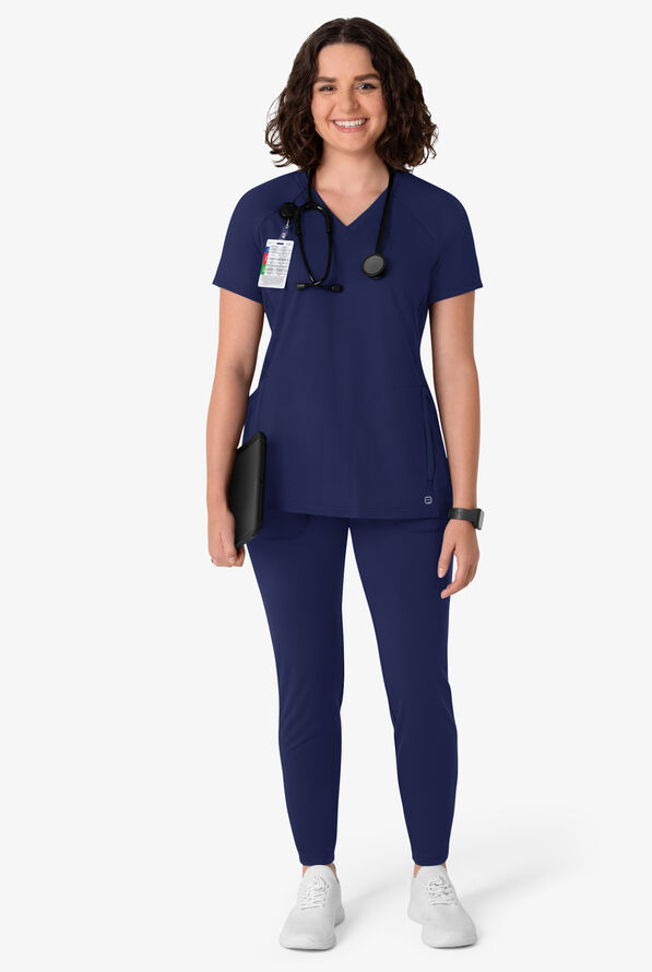 Wink Renew Knit Women's 4-Pocket STRETCH Rib-Knit Side Panel Raglan Sleeve V-Neck Scrub Top - Navy - 4
