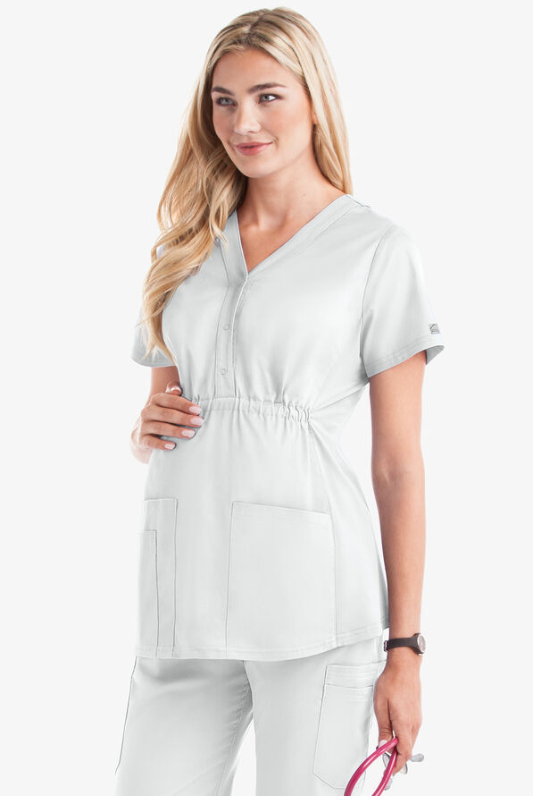 Butter-Soft STRETCH Women's 3-Pocket Knit Panel Maternity Scrub Top - White - 2