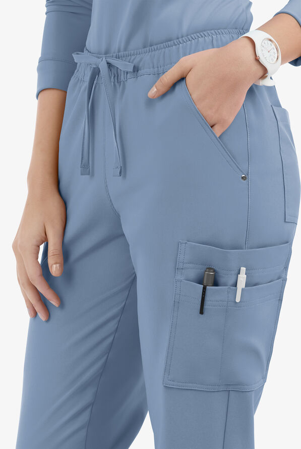 Easy STRETCH Halle Women's 11-Pocket Ruched Leg Jogger Scrub Pants - Indigo Batik - 3