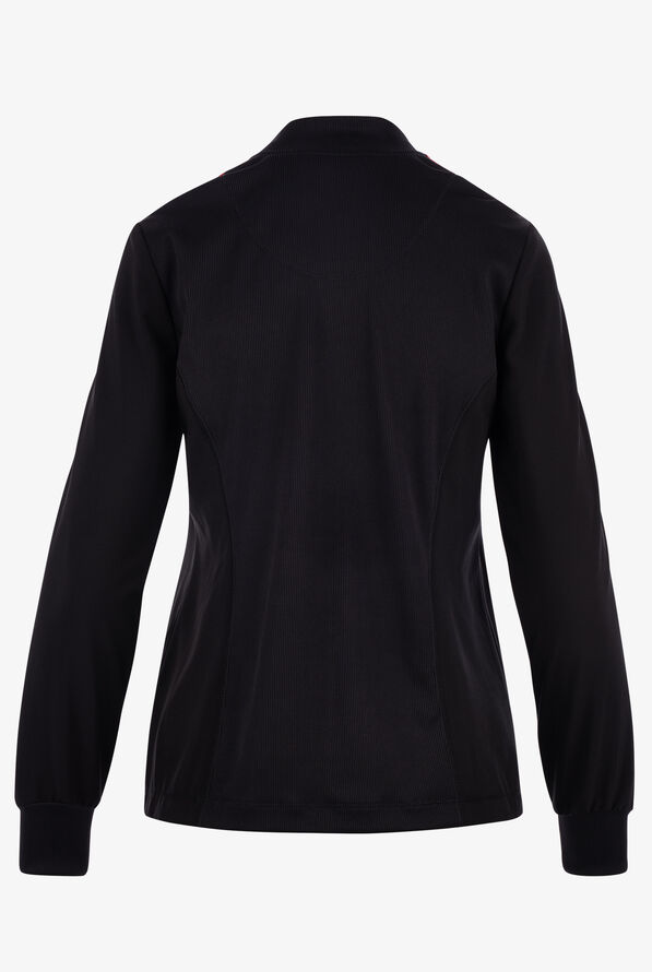 Cherokee Infinity Women's 2-Pocket STRETCH Peanuts Embroidered Rib Knit Back Zip Front Scrub Jacket - Black/Rooftop Red - 2
