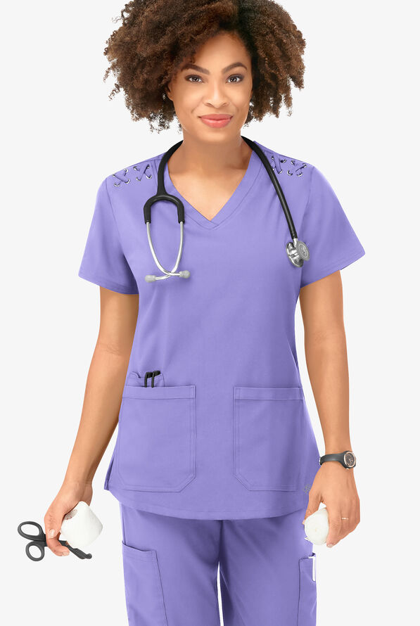 Blusa m&eacute;dica Easy STRETCH Leila con ojales con lazos y 3 bolsillos para mujer - Blueberry Crush - 5