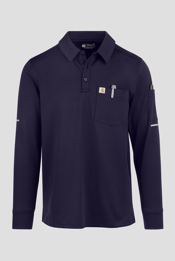 Carhartt Rugged Flex FLD & RSCU Men's 3-Pocket STRETCH Button Placket Long Sleeve Polo Scrub Top - Dark Navy - 1