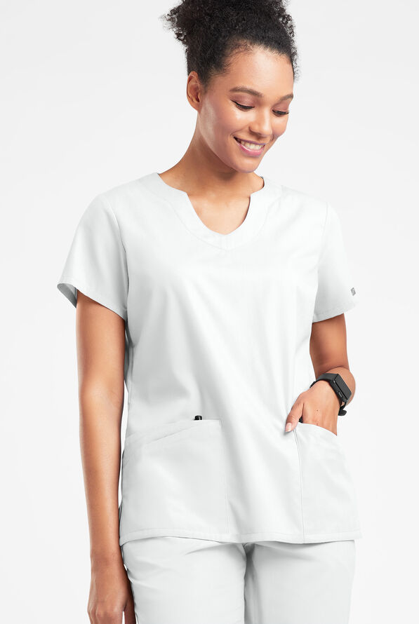 Blusa médica Butter-Soft Originals con cuello festoneado y 6 bolsillos para mujer - White - 2