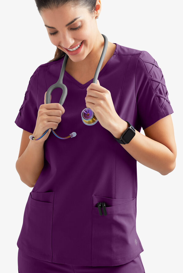 Easy STRETCH Kylie Woman's 5 Pocket V-Neck With Criss-Cross Detail Scrub Top - Eggplant - 3