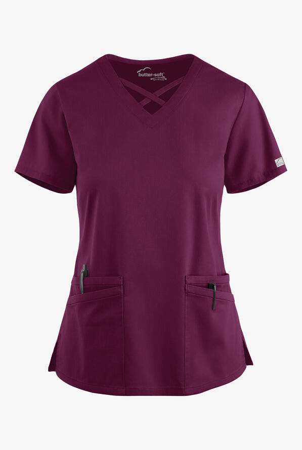 Butter-Soft STRETCH Women's 4-Pocket Crisscross Scrub Top - Wine - 1