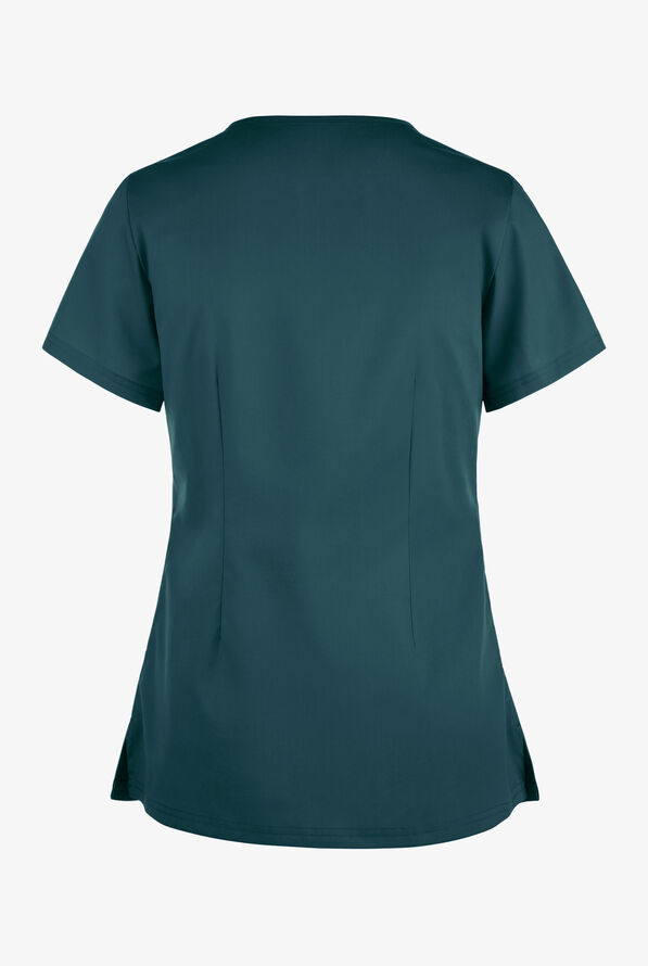 Butter-Soft STRETCH Women's 2-Pocket Asymmetric Keyhole Scrub Top - Caribbean Blue - 2