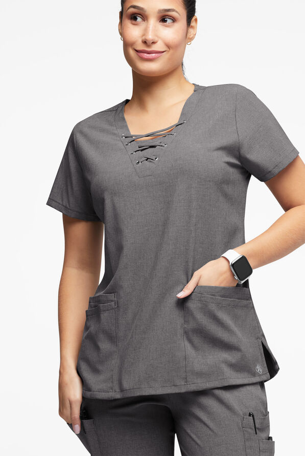 Easy STRETCH Gisele Women's 4-Pocket Lace Up V-Neck Scrub Top - Graphite Heather - 4