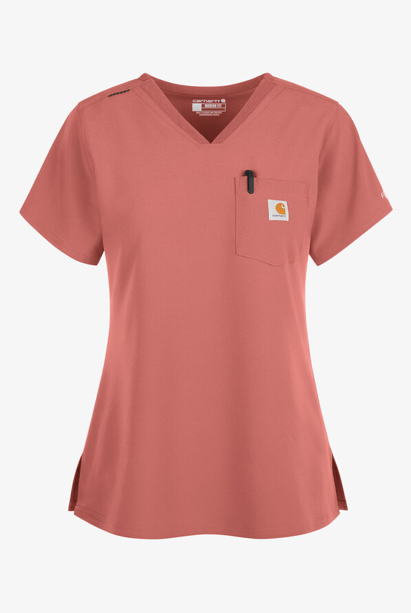 Carhartt Cross-Flex Force Women's 1-Pocket STRETCH Knit Panel Tuck In Scrub Top - Wild Rose - 1
