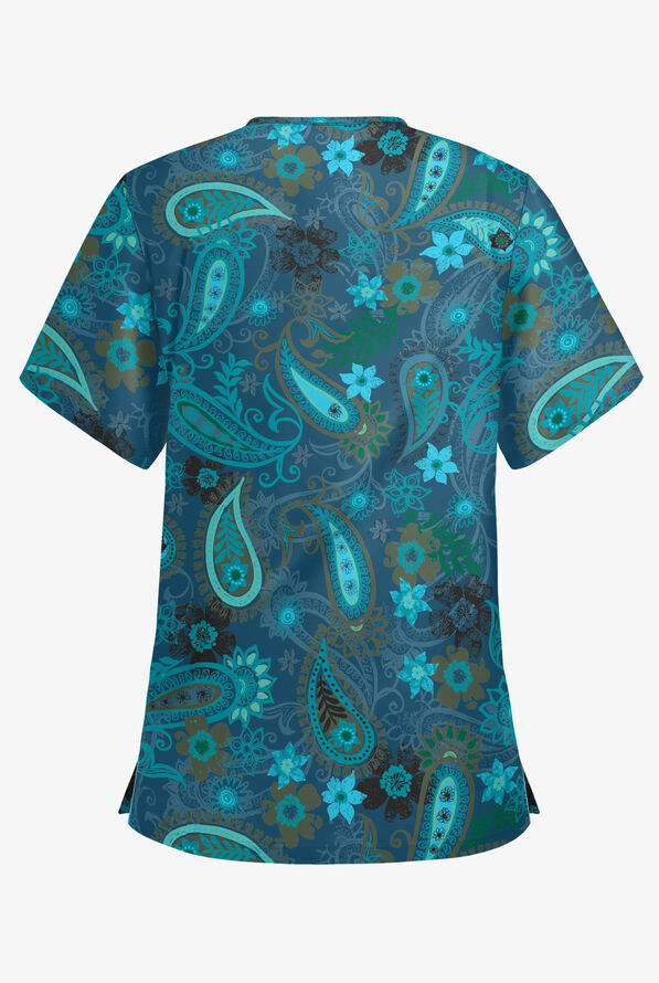 Butter-Soft Whimsical Paisley Caribbean Blue Women's 3-Pocket V-Neck Print Scrub Top - null - 2