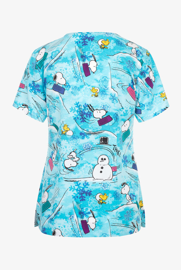 Tooniforms Peanuts Sledding Snoopy Women's 2-Pocket STRETCH V-Neck Print Scrub Top - null - 2