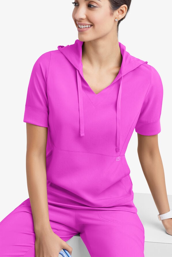 Easy STRETCH True Women's 3-Pocket Short Sleeve Pull-Over Scrub Hoodie - Electric Fuchsia - 1