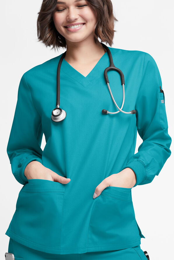 Blusa médica manga larga Butter-Soft Originals con cuello en V curvo y 7 bolsillos para mujer - Teal - 2