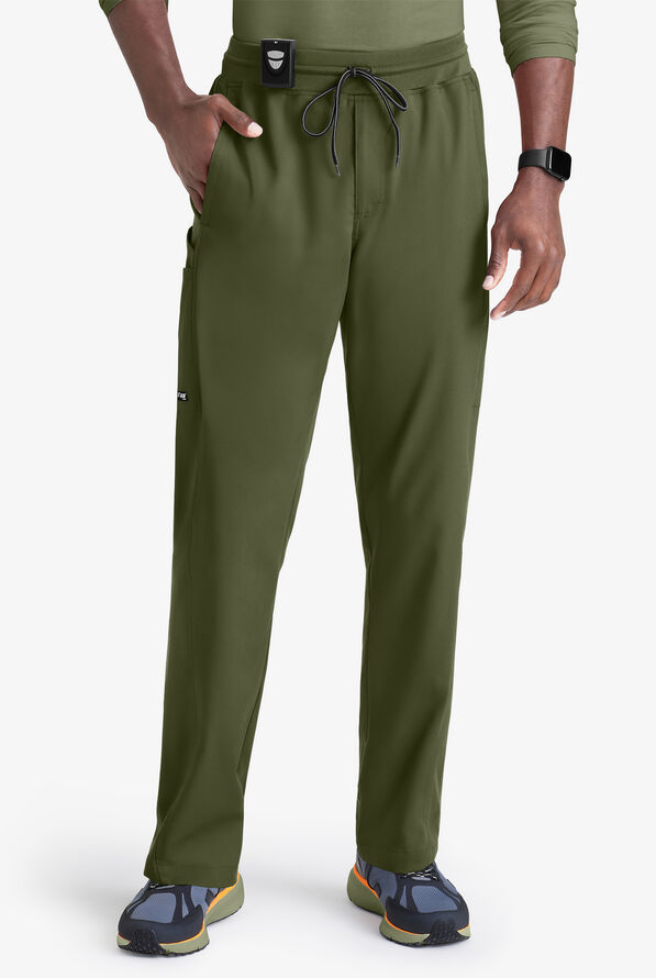 Grey's Anatomy by Barco Spandex STRETCH Hudson Men's 6-Pocket Slim Straight Cargo Scrub Pants - Olive - 1