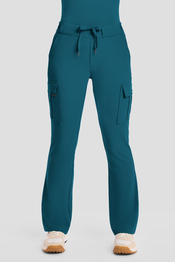 Healing Hands Quest Blair Women's 6-Pocket STRETCH Flare Leg Drawstring Cargo Scrub Pants - Petite - Caribbean Blue - 1