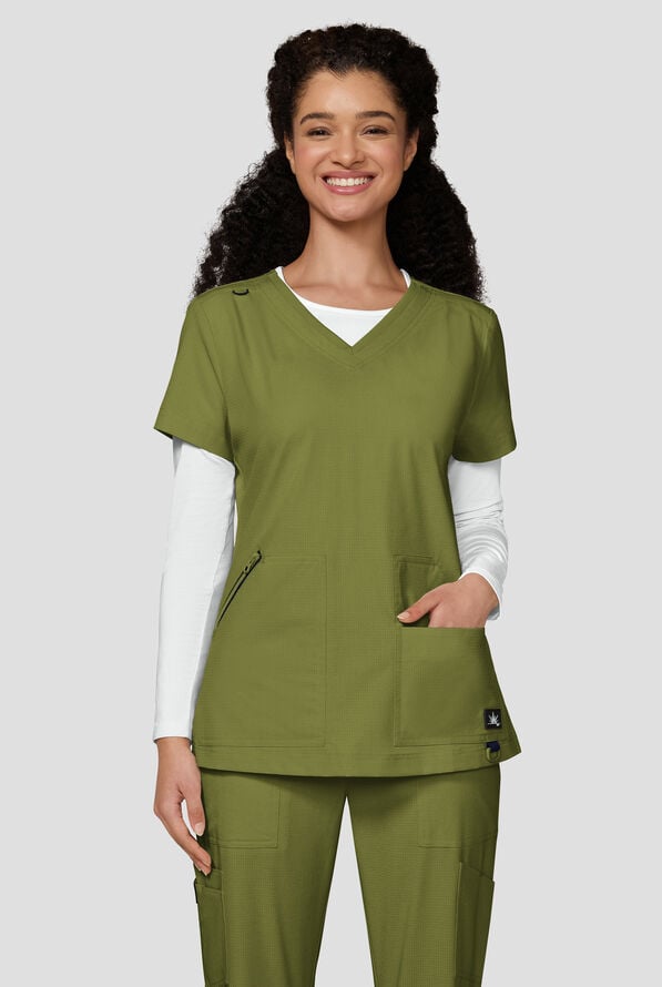 Blusa m&eacute;dica koi Solis Sari STRETCH con cuello en V y 4 bolsillos para mujer - Martini Olive - 2