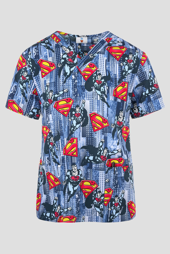 Tooniforms Superman Metropolis Force Men's 2-Pocket STRETCH V-Neck Print Scrub Top - null - 1