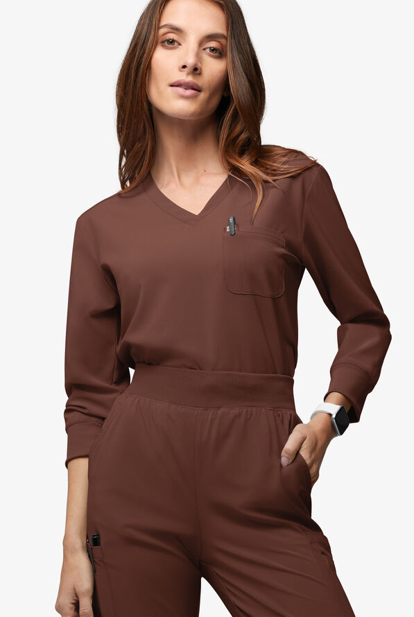 Easy STRETCH Women's Josie 2-Pocket Relaxed 3/4" Sleeve Scrub Top - Double Espresso - 2