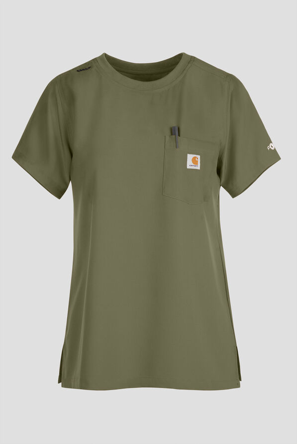 Carhartt Cross-Flex Force Women's 1-Pocket STRETCH Knit Trim Crew Neck Scrub Top - Olive - 1