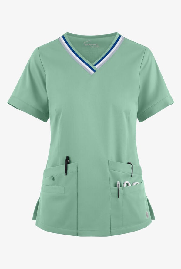 Blusa m&eacute;dica UA Butter-Soft STRETCH con cuello en V con ribete deportivo y 5 bolsillos para mujer - Water Mint - 1