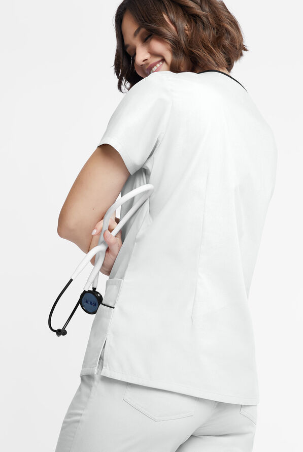 Butter-Soft Originals Women's 4-Pocket Asymmetrical Neck Scrub Top - White/Black - 3