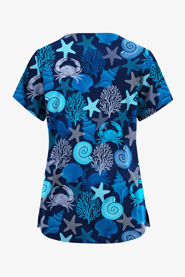 Butter-Soft Originals Beach Day Navy Women's 6-Pocket Scallop Neck Print Scrub Top - null - 2