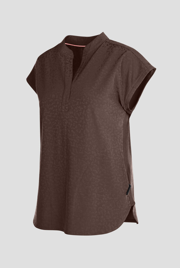 Blusa m&eacute;dica Zavate Ava Therese Cheetah Jacquard Piper STRETCH con cuello mao y 2 bolsillos para mujer - Espresso - 3