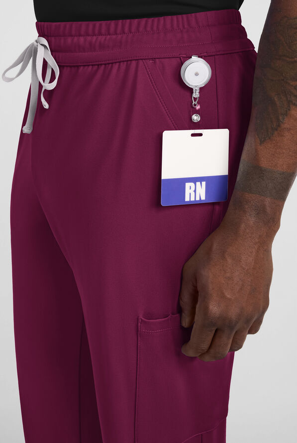 Cherokee Achieve Men's 5-Pocket STRETCH Straight Leg Cargo Knit Scrub Pants - Wine - 3