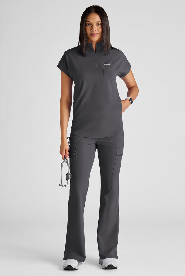 ReSurge Rhine Women's 5-Pocket Oversized Half Zip Stand Collar Scrub Top - Pewter - 7