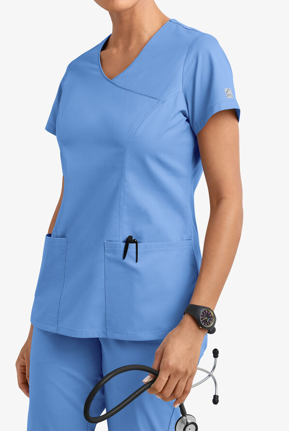 Butter-Soft STRETCH Women's 3-Pocket V-Neck Mock Wrap Scrub Top - Ceil Blue - 2