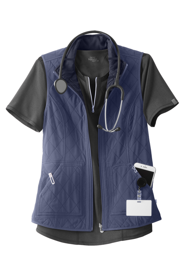 Cherokee Infinity Women's 4-Pocket STRETCH Reversible Quilted Scrub Vest - Heather Navy/Navy - 1