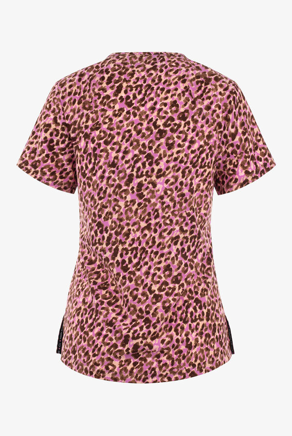 koi Lite Water Color Animal Leopard Women's 1-Pocket STRETCH V-Neck Print Scrub Top - null - 2