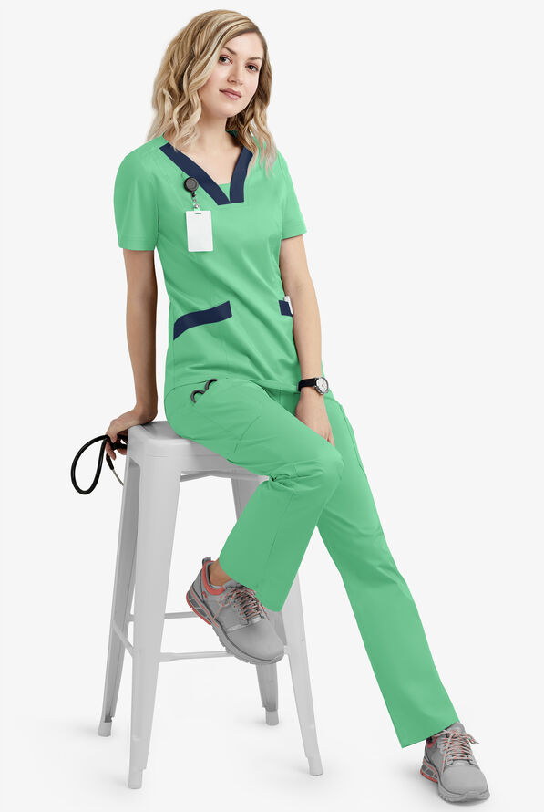Butter-Soft STRETCH Women's 4-Pocket Feminine Curved V-Neck Scrub Top - Green Jade/Navy - 3
