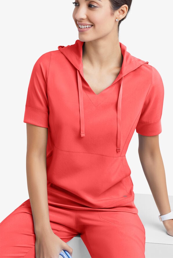 Easy STRETCH True Women's 3-Pocket Short Sleeve Pull-Over Scrub Hoodie - Radiant Red - 1