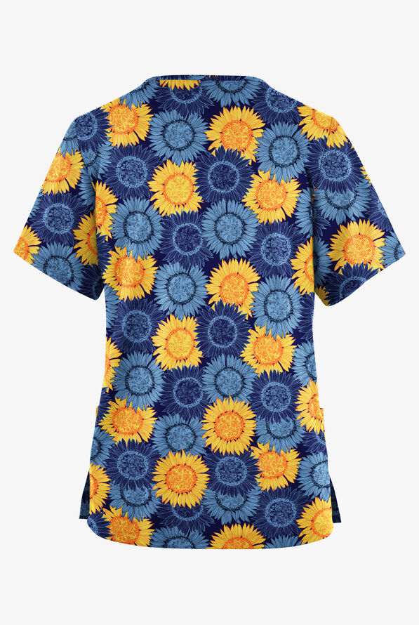 Butter-Soft Originals Sunflower Field Navy Women's 2-Pocket Classic Fit V-Neck Print Scrub Top - null - 2