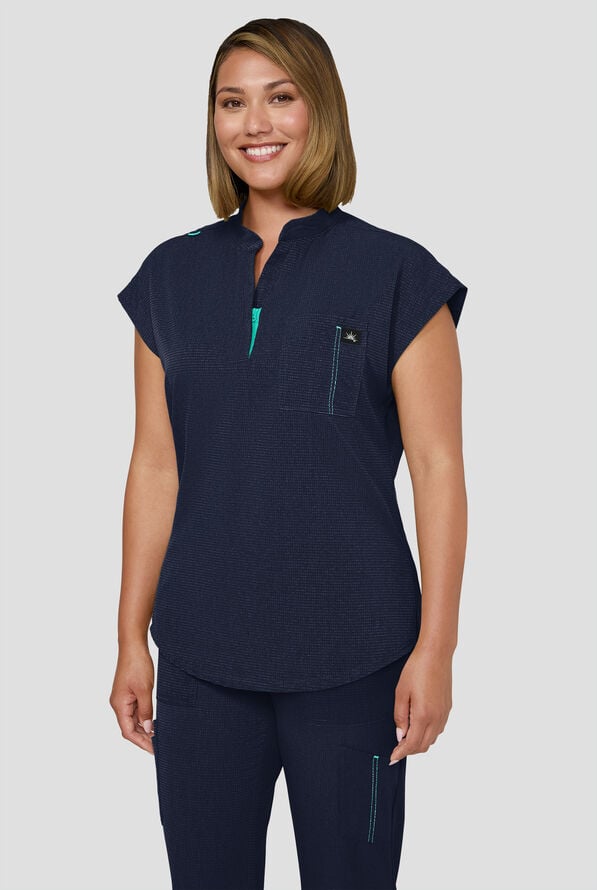 Blusa m&eacute;dica koi Solis Catrin STRETCH con cuello en V con cremallera y tapeta en contraste y 1 bolsillo para mujer - Navy - 2