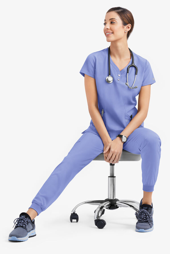 Easy STRETCH Demi Women's 4-Pocket Henley Scrub Top - Ceil Blue - 6