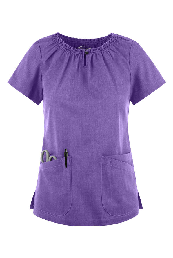 Butter-Soft STRETCH Women's 6-Pocket Short Sleeve Peasant Style Scrub Top - Sparkling Grape Heather - 1