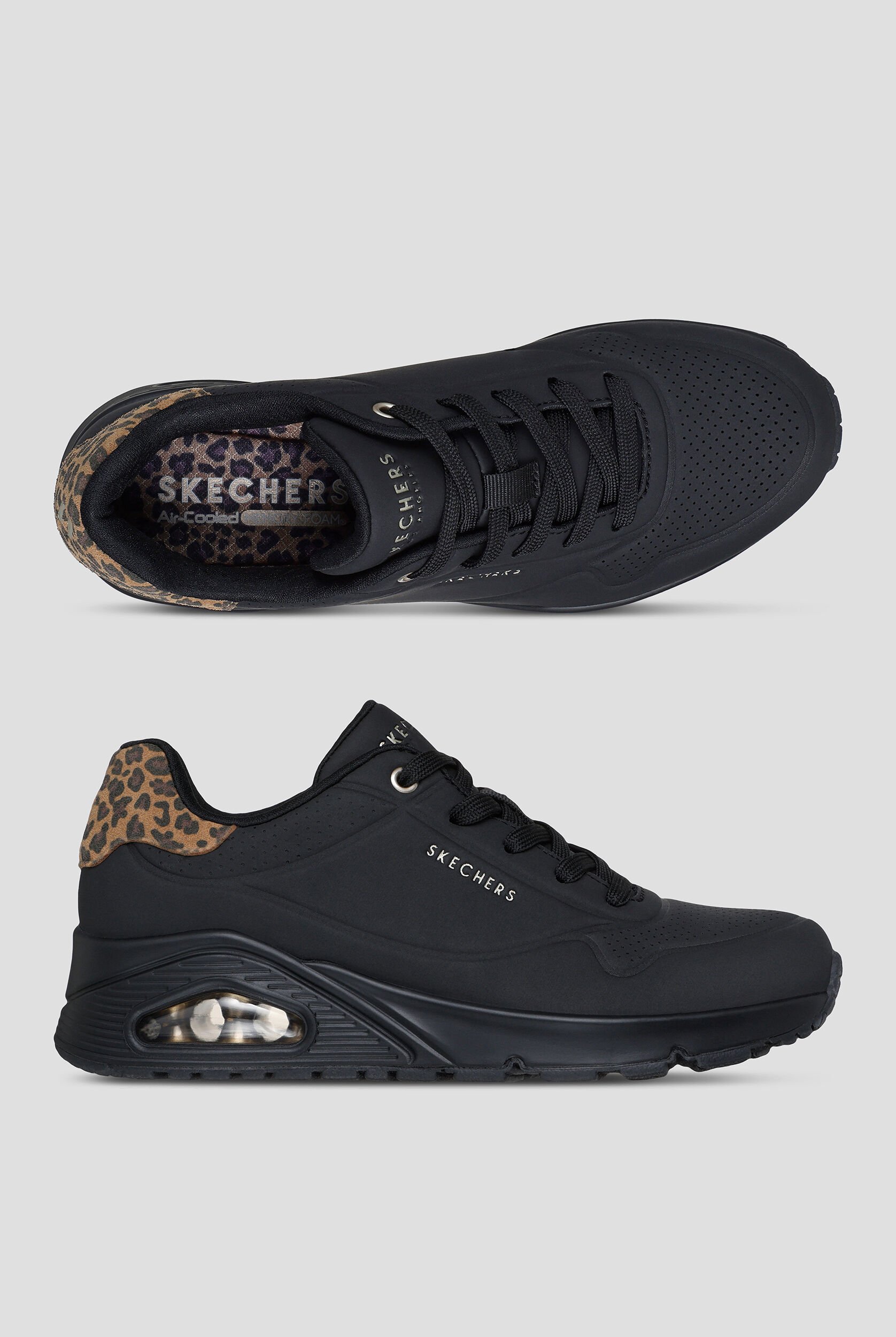 Skechers Street Black Leopard Moustache Durabuck Uno Athletic Lace