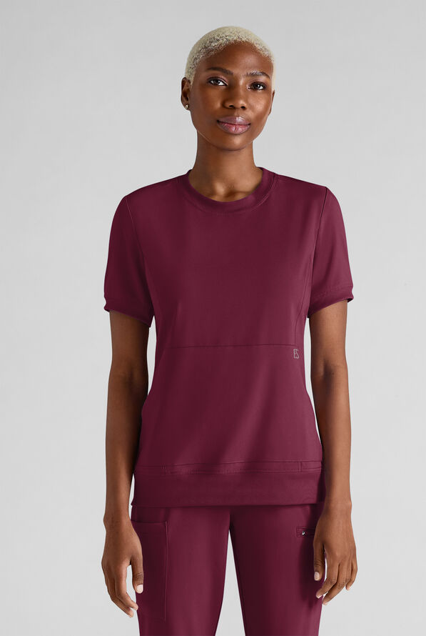 Easy STRETCH Anya Women's 2-Pocket Relaxed Crew Neck Scrub Top - Wine - 1