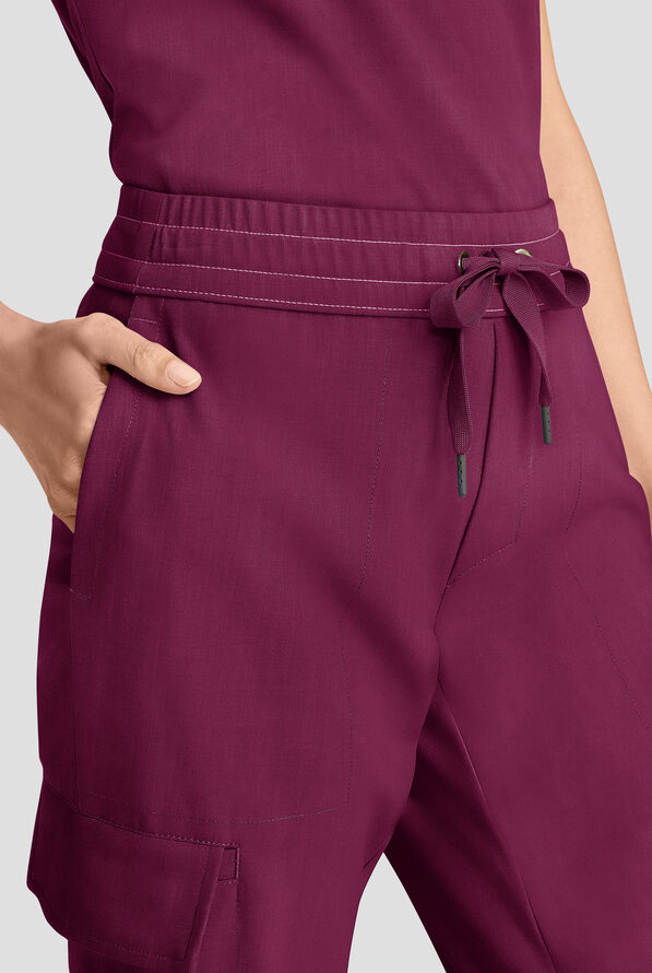 Healing Hands Quest Women's 4-Pocket STRETCH Straight Leg Drawstring Cargo Scrub Pant - Wine - 2