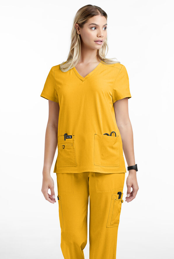 koi Basics Becca Women's 4-Pocket STRETCH V-Neck Scrub Top - Heather Mango - 2