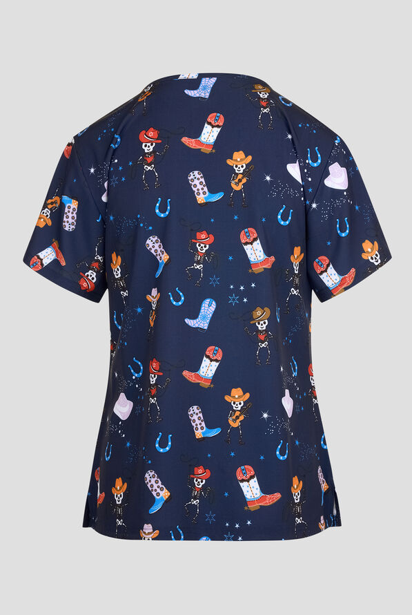 Green Town Western Ween Women's 3-Pocket STRETCH V-Neck Print Scrub Top - null - 2