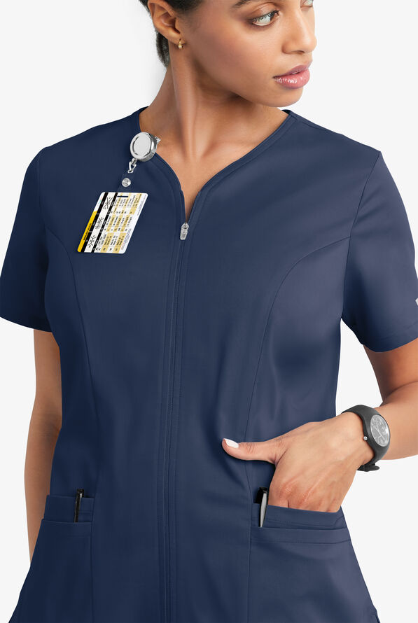Butter-Soft STRETCH Women's 4-Pocket Smooth Face Zipper Scrub Top - Navy - 3