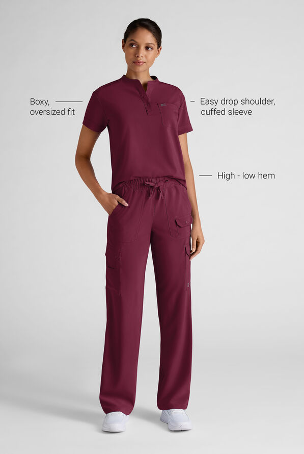 Easy STRETCH Bella Women's 1-Pocket Henley Scrub Top - Wine - 3