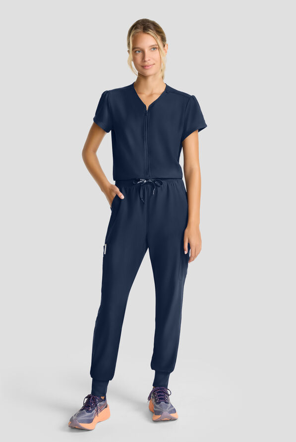 Med Couture Insight Women's 4-Pocket Zip Front Drawstring Waist Scrub Jumpsuit - Navy - 1