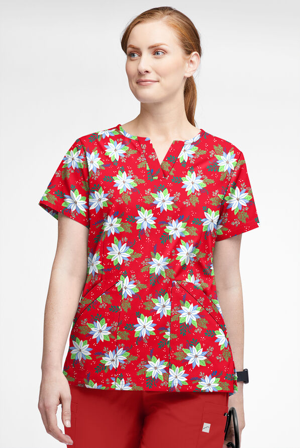 Butter-Soft Winter Floral Red Women’s 4-Pocket V Notch-Neck Print Scrub Top - null - 2