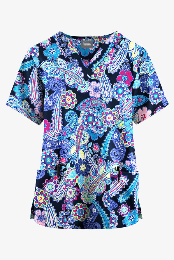 Butter-Soft Originals Boho Chic Paisley Navy Women's 2-Pocket V-Neck Print Scrub Top - null - 1
