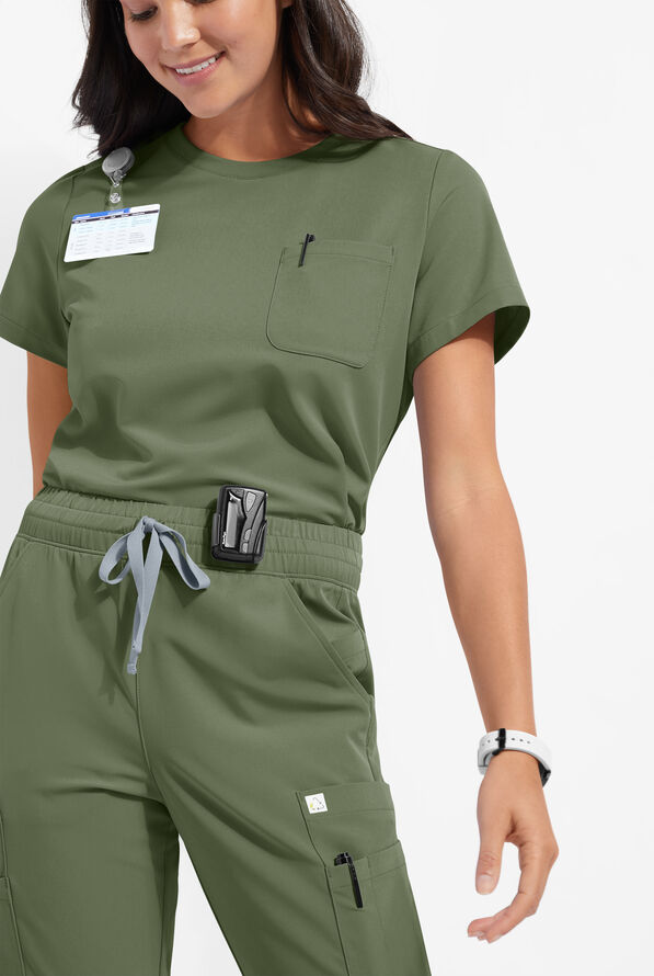 ReSurge Citrine Women's 1-Pocket Crew Neck Tuck In / Wear Out Scrub Top - Light Olive - 1