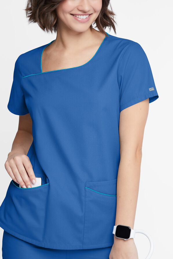 Butter-Soft Originals Women's 4-Pocket Asymmetrical Neck Scrub Top - Royal/Turquoise - 4